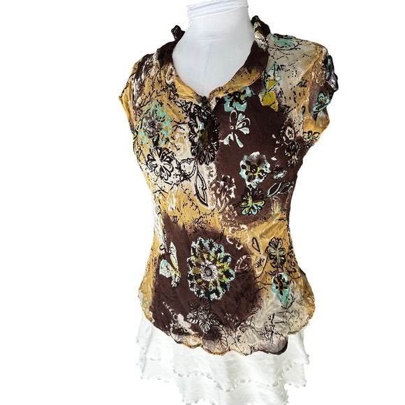 Style Co Petite Brown Floral Short Sleeve Button Neck Blouse Top Size 12P - Picture 2 of 6